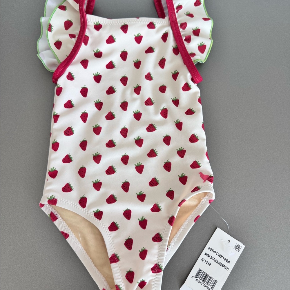 NWT Pink Chicken Strawberry Print Kids Swim One Piece - Red and White
